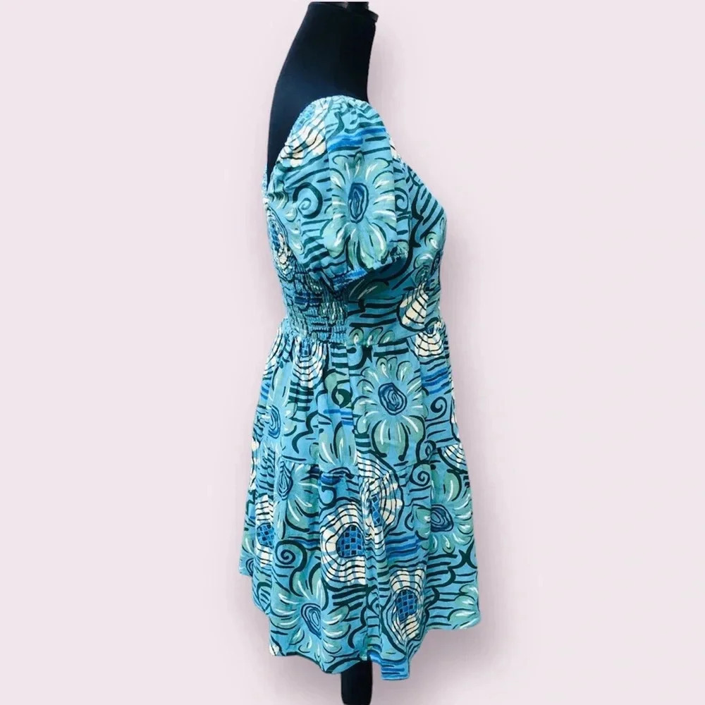 House of Harlow Babydoll Mini Dress Size Small Blue Linen Retro Puff Sleeve NWOT - Picture 3 of 10